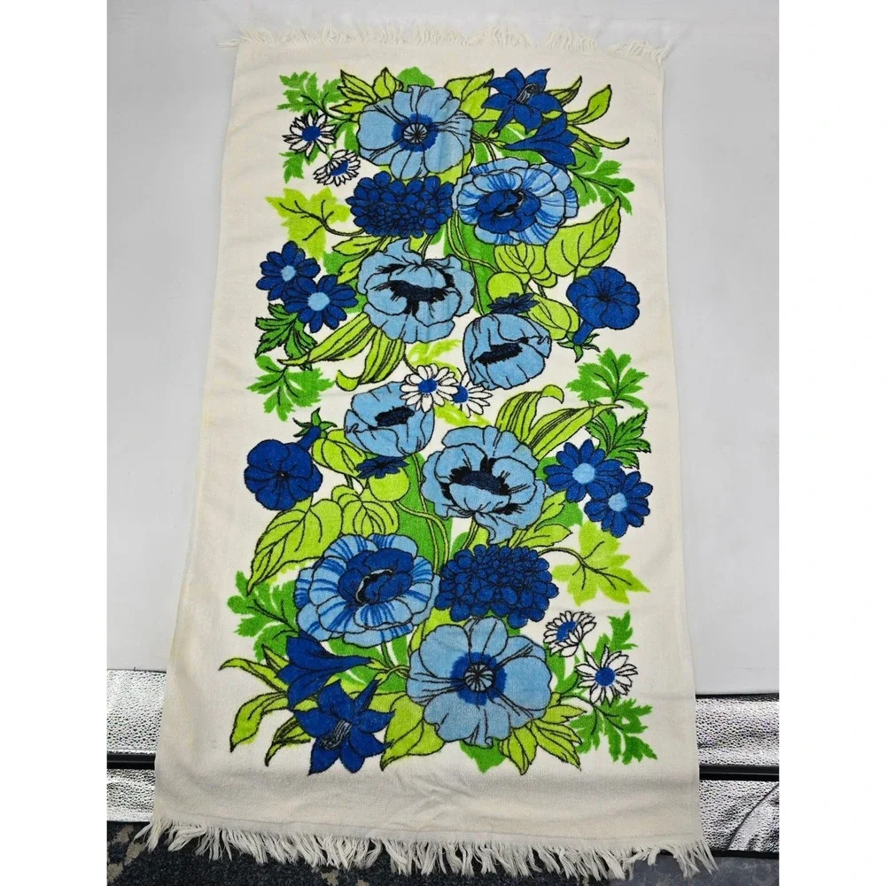 Vintage Cannon Floral Bath Towel Washcloth Set Blue Green Mod 60s 70s USA